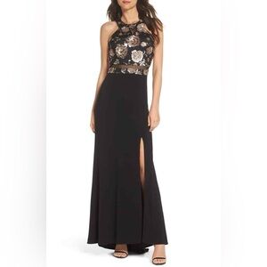 Morgan & Co. Black Floral Sequin Sleeveless Gown Dress